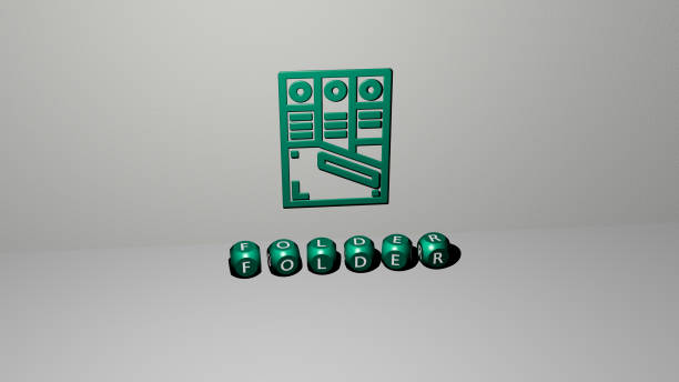 3D illustration of FOLDER graphics and text made by metallic dice letters for the related meanings of the concept and presentations representación 3d de folder con icono en la pared y texto dispuesto por letras cúbicas metálicas en un piso de espejo para el significado conceptual y la presentación de la presentación de la presentación de la presentación. ilustración y negocios