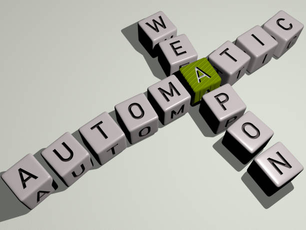 istock combination of AUTOMATIC WEAPON built by cubic letters from the top perspective, excellent for the concept presentation. illustration and background. 3D illustration 1263987231