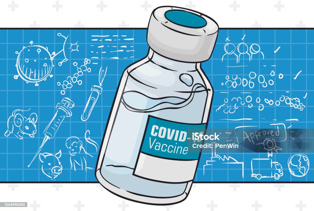 COVID-19 Vaccine Vial over Squared Board with its Development Phases COVID-19 vaccine vial over blue and squared label, with doodles explaining the development phases for this waited for cure. Vaccination stock vector
