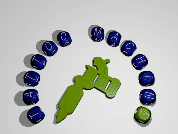 3D representation of tattoo machine with icon on the wall and text arranged by metallic cubic letters on a mirror floor for concept meaning and slideshow presentation