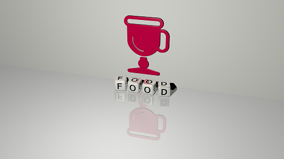 3D representation of FOOD with icon on the wall and text arranged by metallic cubic letters on a mirror floor for concept meaning and slideshow presentation