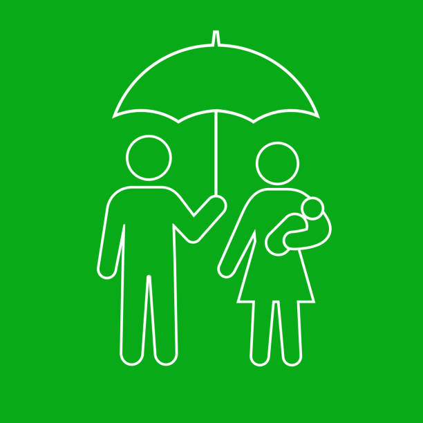 ilustra�ções de stock, clip art, desenhos animados e ícones de family under umbrella icon - protection umbrella people stick figure