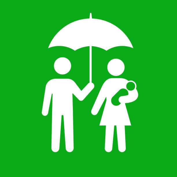 ilustrações de stock, clip art, desenhos animados e ícones de family under umbrella icon - protection umbrella people stick figure