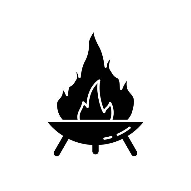 ilustraciones, imágenes clip art, dibujos animados e iconos de stock de silhouette fire pit en tres patas - fire pit fire camping burning