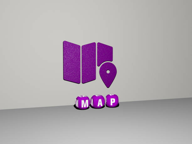 3D representation of map with icon on the wall and text arranged by metallic cubic letters on a mirror floor for concept meaning and slideshow presentation