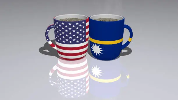 UNITED-STATES-OF-AMERICA NAURU placed on a cup of hot coffee in a 3D illustration with realistic perspective and shadows mirrored on the floor