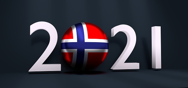 2021 Happy New Year Background for seasonal greetings card or Christmas themed invitations. Flag of the Norway. 3D rendering