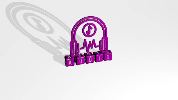 istock 3D representation of audio with icon on the wall and text arranged by metallic cubic letters on a mirror floor for concept meaning and slideshow presentation. illustration and background 1264000104
