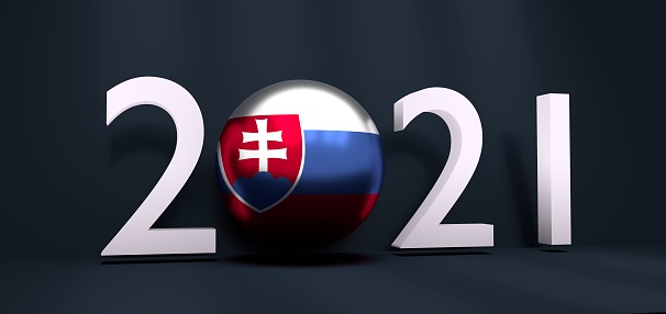2021 Happy New Year Background for seasonal greetings card or Christmas themed invitations. Flag of the Slovakia. 3D rendering