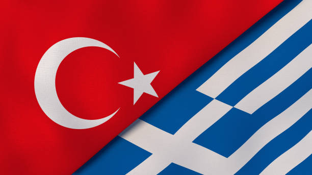 The flags of Turkey and Greece. News, reportage, business background. 3d illustration Two states flags of Turkey and Greece. High quality business background. 3d illustration piraeus photos stock pictures, royalty-free photos & images