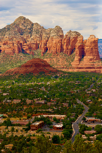 View from the Sedona Airport Mesa overlooking the town of Sedona and the many colorful buttes and mesas that surround the popular tourist destination.