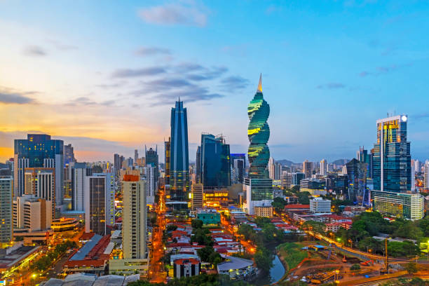 Panama City Skyline The skyline of Panama City with its skyscrapers in the financial district at sunset, Panama. panama city panama stock pictures, royalty-free photos & images