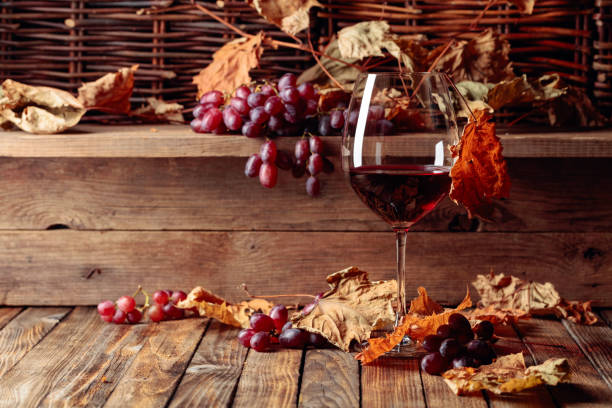 vino, uvas y hojas de vid secas sobre una vieja mesa de madera. - ripened on the vine fotografías e imágenes de stock