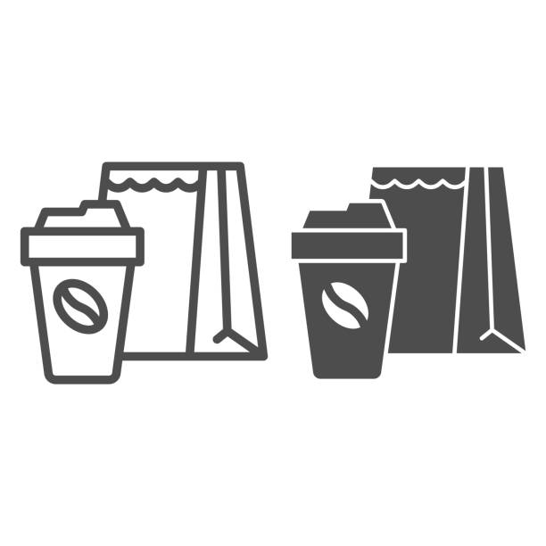 illustrations, cliparts, dessins animés et icônes de tasse de café et ligne d’emballage et icône solide, concept de temps de café, enlever le signe d’emballage d’aliment sur le fond blanc, le sac d’emballage en papier et l’icône de tasse de café dans le modèle. graphiques vectoriels. - coffee to go illustrations