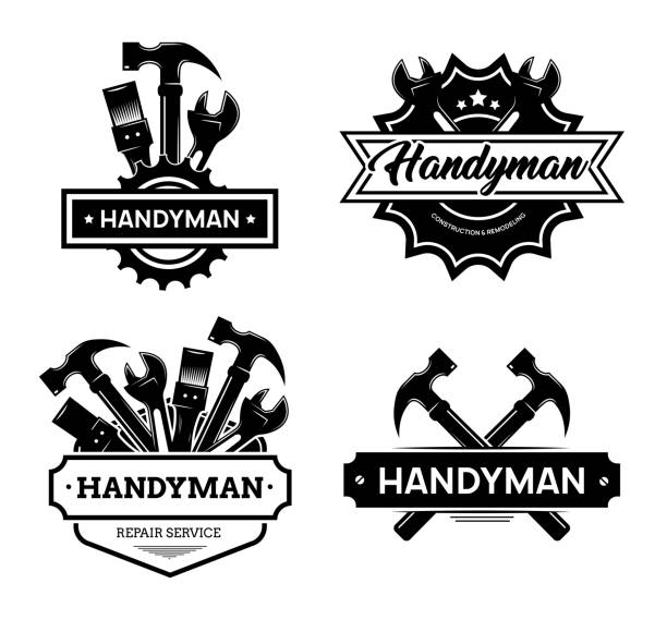 ilustraciones, imágenes clip art, dibujos animados e iconos de stock de conjunto de iconos planos con logotipo de manitas diferentes - pegatinas de iconos de herramientas de trabajo carpintero