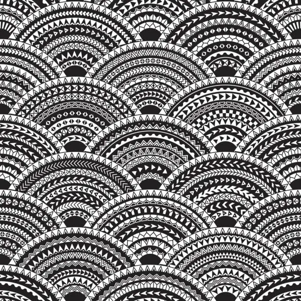 Vector illustration of Seamless pattern with geometrical wavy fish scale layout. Maori geometrical ornaments, black and white stripes. Wallpaper, wrapping, chintz print, Batik paint. 28 pattern brushes in the brush palette