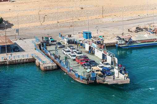 Ismailia, Egypt - November 14, 2019: Sarrabum Ferry Boat Line landing stage east-channel west side of the Suez Canal at Ismailia Governorate, Egypt, Africa. .