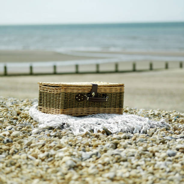 istock Abandoned picnic basket on the beach 1264012091