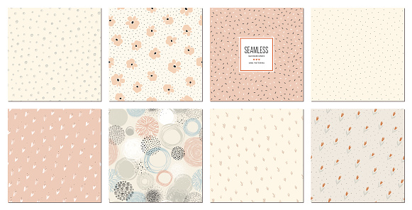 Trendy seamless patterns set. Cool abstract and floral design. For fashion fabrics, kid’s clothes, home decor, quilting, T-shirts, backgrounds, cards and templates, scrapbooking etc.