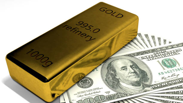 Us Dollar and Gold Ingot 100 US dollar and gold ingot on the background gold silver backed ira stock pictures, royalty-free photos & images