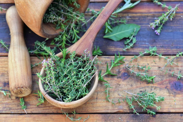 istock aromatic herb in a wooden  spoon and mortar on a wooden  table 1264013947