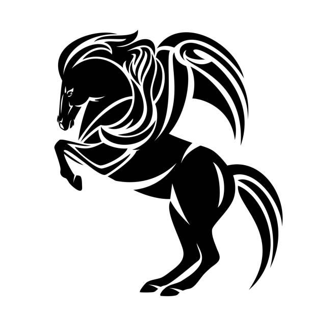 ilustraciones, imágenes clip art, dibujos animados e iconos de stock de rearing hasta alado caballo pegajoso contorno vectorial negro - mythology horse pegasus black and white