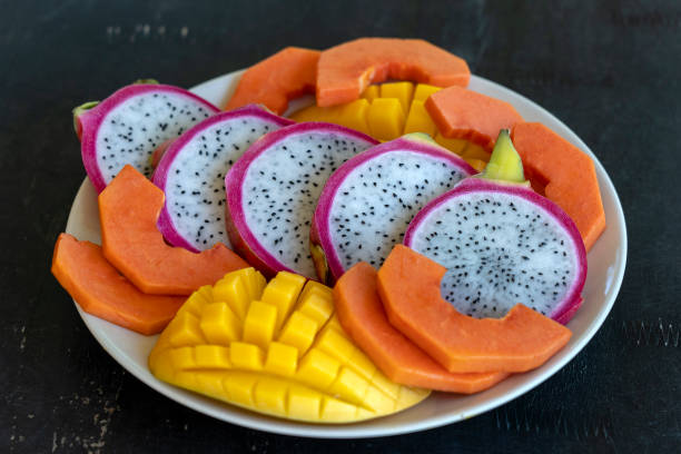 istock Tropical fruits assortment on a plate, close up 1264019251