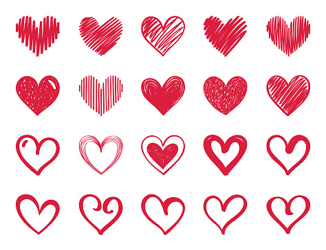 Set of hand drawn vector hearts. Doodle design elements isolated on white background.