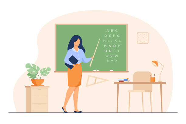 учитель, стоящий возле доски и держащий палку - professor teacher female blackboard stock illustrations