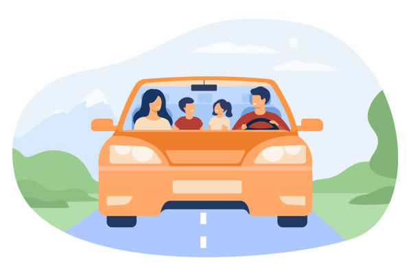 illustrazioni stock, clip art, cartoni animati e icone di tendenza di famiglia felice che viaggia in automobile - people traveling journey animated cartoon mother