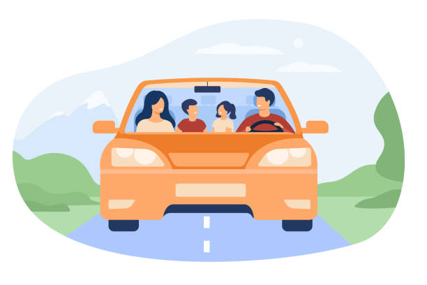 Happy family travelling in automobile Happy family travelling in automobile isolated flat vector illustration. Front view of cartoon father, mother, son and daughter in car. Vacation and weekend concept family vacation stock illustrations