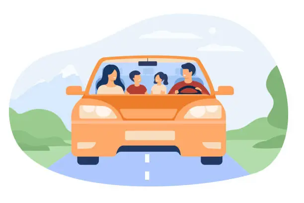 Vector illustration of Happy family travelling in automobile