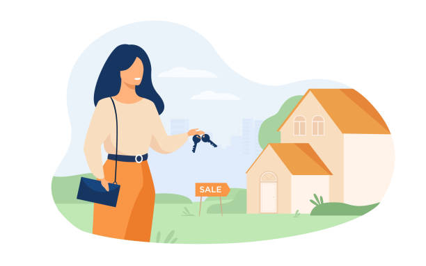 Realty agent holding keys and standing near building Realty agent holding keys and standing near building isolated flat vector illustration. Cartoon woman and house for sale. Real estate and mortgage concept home ownership stock illustrations