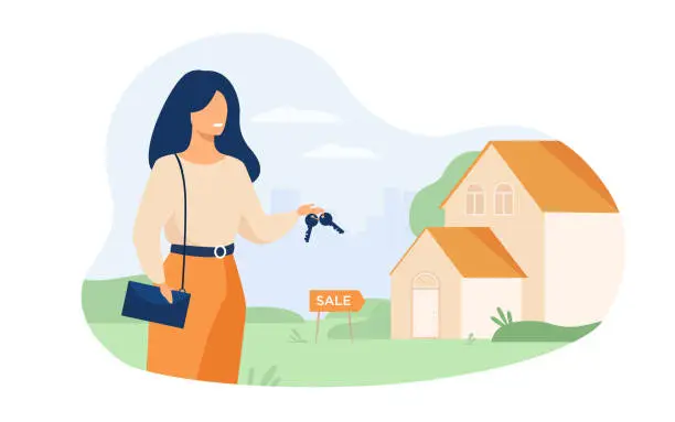 Vector illustration of Realty agent holding keys and standing near building