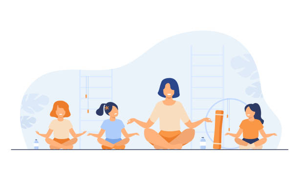 illustrazioni stock, clip art, cartoni animati e icone di tendenza di insegnante e bambini seduti in posa yoga - yoga class instructor yoga exercising