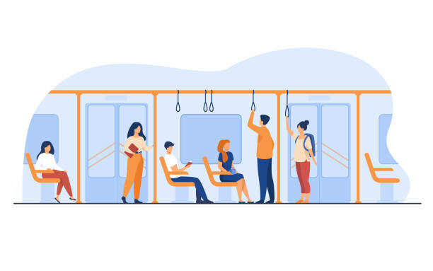 People standing and sitting in bus or metro train People standing and sitting in bus or metro train isolated flat vector illustration. Cartoon men and women using subway. Destination and public urban transport concept train vehicle stock illustrations