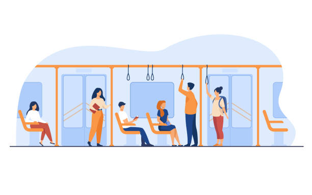 People standing and sitting in bus or metro train People standing and sitting in bus or metro train isolated flat vector illustration. Cartoon men and women using subway. Destination and public urban transport concept bus-trip stock illustrations