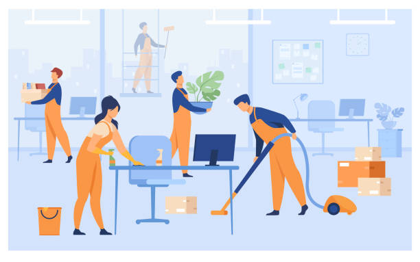 Professional janitors working in office Professional janitors working in office isolated flat vector illustration. Cartoon cleaning team washing, holding stuff, removing dust, using vacuum cleaner. Clean service and hygiene concept cleaner illustrations stock illustrations