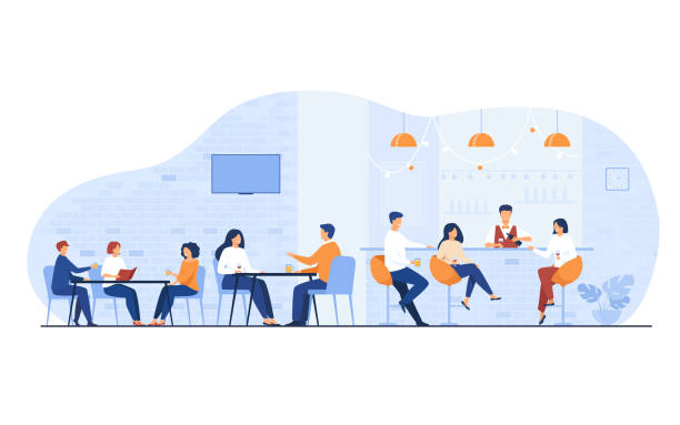 People meeting in restaurant bar for dinner People meeting in restaurant bar for dinner isolated flat vector illustration. Cartoon men and women drinking wine or beer in pub. Party and weekend concept meeting at cafe stock illustrations