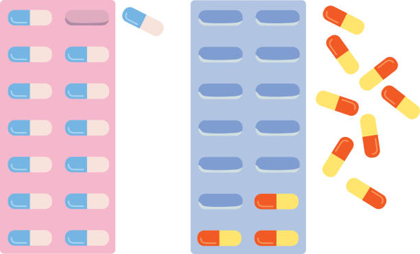 Scattered tablets and tablet sheet set illustrations of Illustrations to tell the patients and health care providers who take medicine in a bright image morning after pill stock illustrations