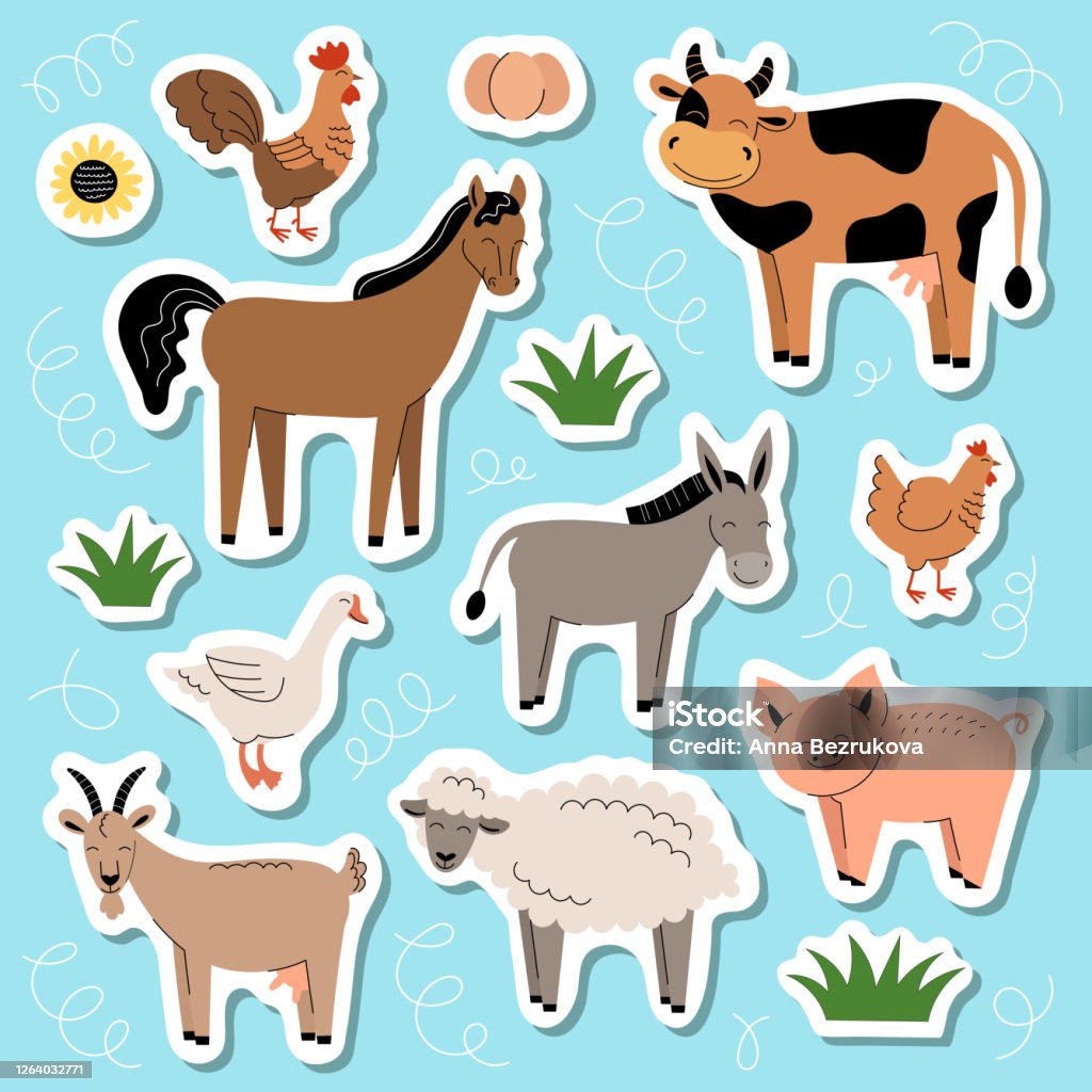 Farm Animals Stickers Collection Of Cartoon Cute Baby Animals And Birds Cow  Sheep Goat Horse Donkey Pig Chicken Rooster Goose Flat Vector Illustration  On Blue Background Stock Illustration - Download Image Now -
