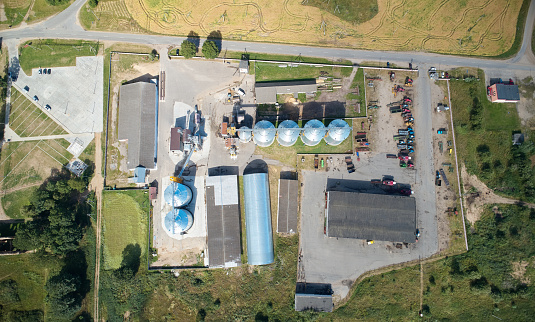 Agricultural plant warehouse aerial above top drone view