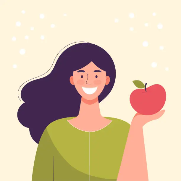 Vector illustration of Smiling young woman is eating an apple. Diet food, healthy lifestyle, vegetarian food, raw food diet. Student snack. Flat cartoon vector illustration.