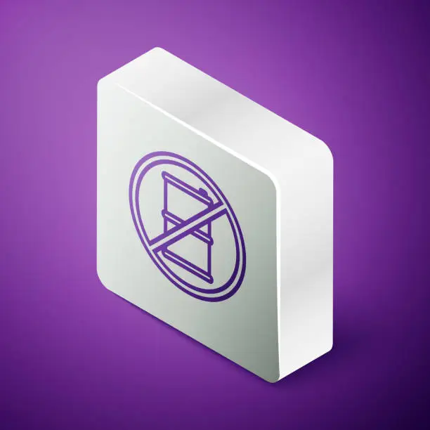 Vector illustration of Isometric line No barrel for gasoline icon isolated on purple background. Diesel gas icon. Silver square button. Vector Illustration