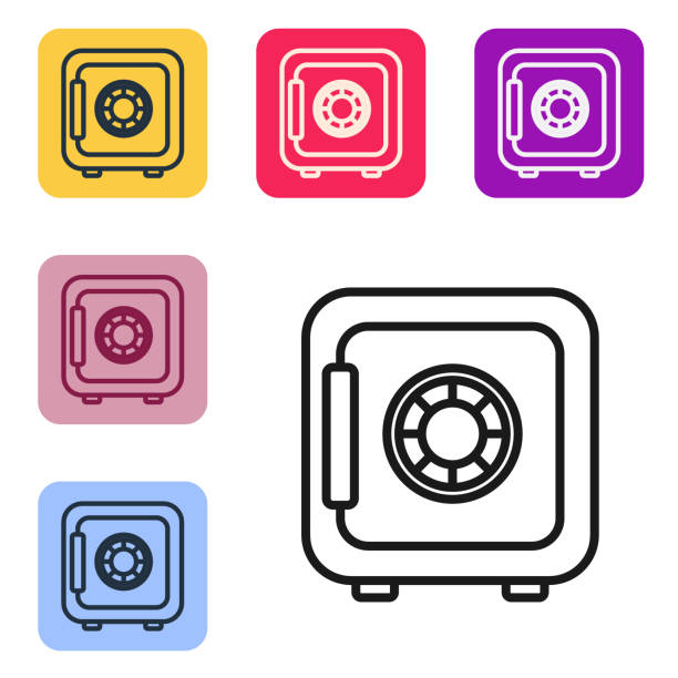 ilustrações de stock, clip art, desenhos animados e ícones de black line safe icon isolated on white background. the door safe a bank vault with a combination lock. reliable data protection. set icons in color square buttons. vector illustration - lock currency security combination lock