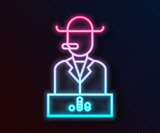 ilustrações de stock, clip art, desenhos animados e ícones de glowing neon line poker player icon isolated on black background. vector illustration - people gambling line art casino