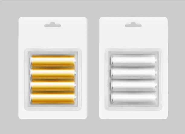 Vector illustration of Set of Four Gray Yellow Alkaline AA Batteries