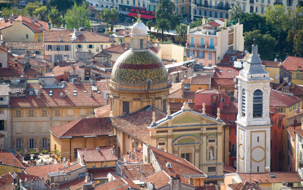 aerial view of "sainte-réparate" cathedral and old city in nice, france - nice looking imagens e fotografias de stock