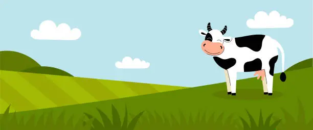 Vector illustration of A cute white spotted cow stands on a green meadow. Dairy products. Farm animals. Summer panorama with a field. Place for your text. Flat cartoon color illustration