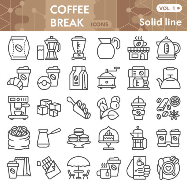 stockillustraties, clipart, cartoons en iconen met de lijnpictogram reeks van de koffie, de onderbrekingssymbolen van de koffie of schetsen. de tijd van de koffielineline lineaire stijltekens voor web en app. vectorgrafiek die op witte achtergrond wordt geïsoleerd. - cafe